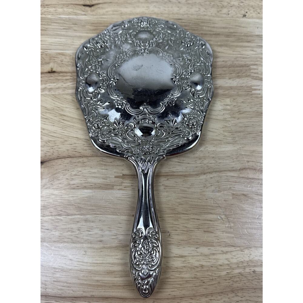 VINTAGE SILVERPLATE VICTORIAN STYLE VANITY HAND HELD MIRROR RAISED FLORAL DESIGN